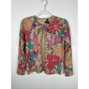 Obee Women's Floral Silk Cardigan Size Small Sequins Long Sleeve Career Office